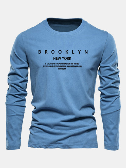 Long Sleeve NY Brooklyn Print Cotton T-Shirt