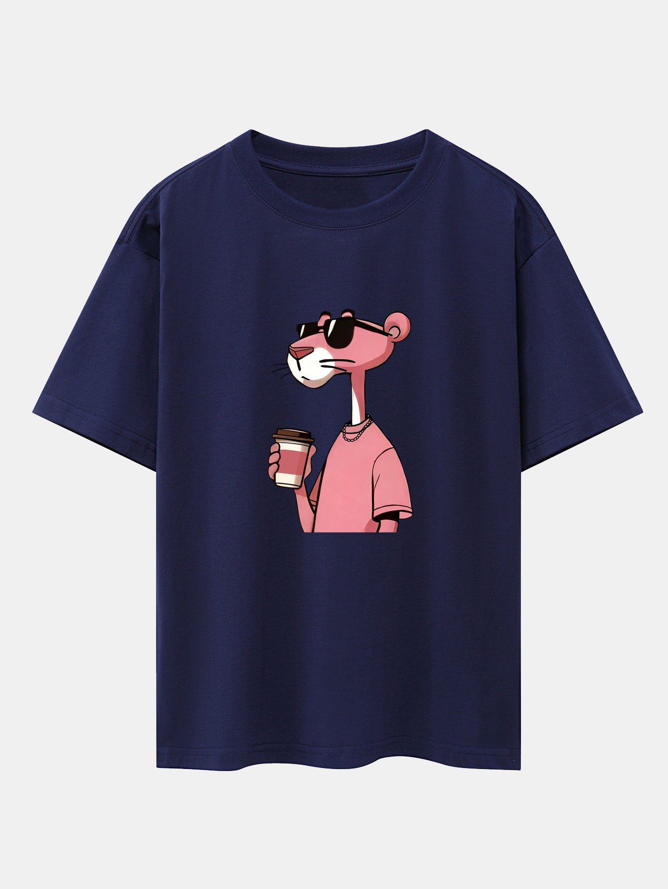 Pink Panther Drinking Coffee Print Drop Shoulder Oversize T-Shirt