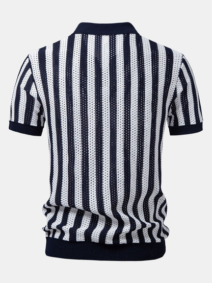 Stripe Johnny Collar Open Knit Polo