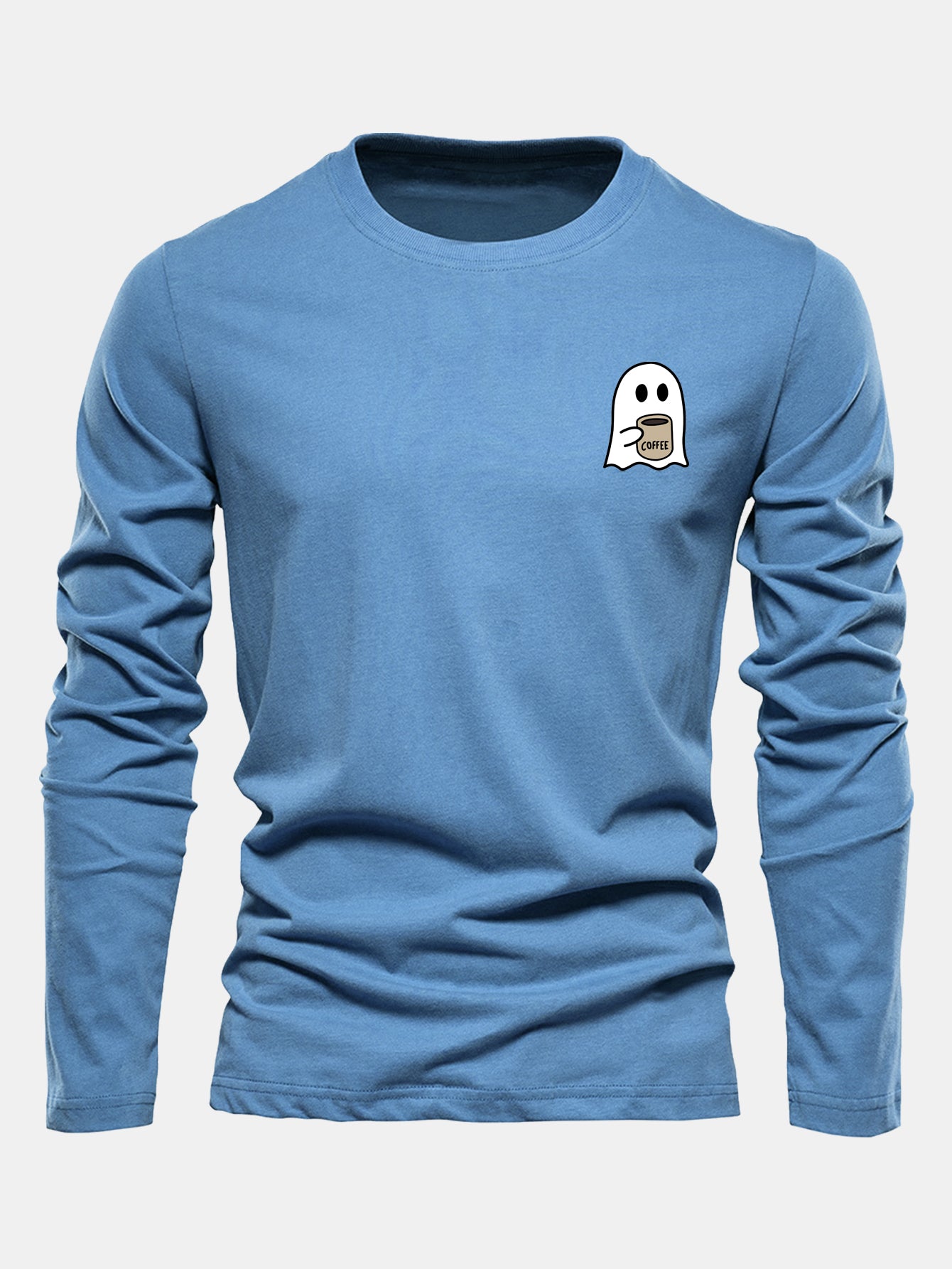 Long Sleeve Ghost Drinking Coffee Print Cotton T-Shirt