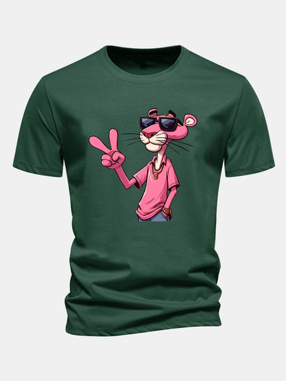 Regular Fit Pink Panther With V Sign Print Cotton T-Shirt