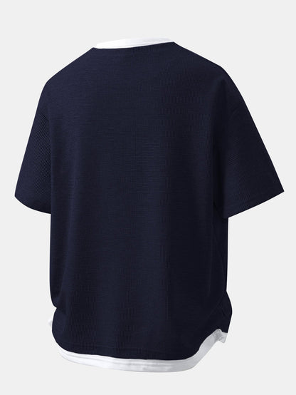 Relax Fit Smiley Face Print 2 In 1 Notched Collar Waffle T-Shirt