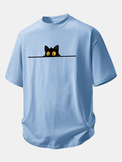 Relax Fit Black Cat Print Cotton T-Shirt