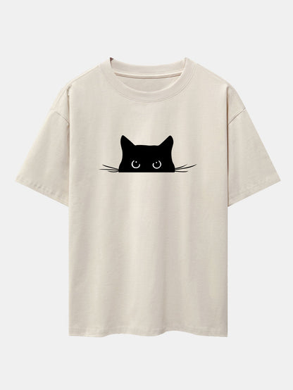 Black Cat Print Drop Shoulder Oversize T-Shirt