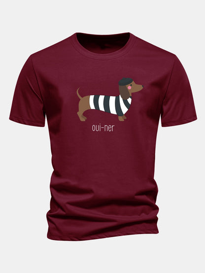 Regular Fit French Dachshund Print Cotton T-Shirt