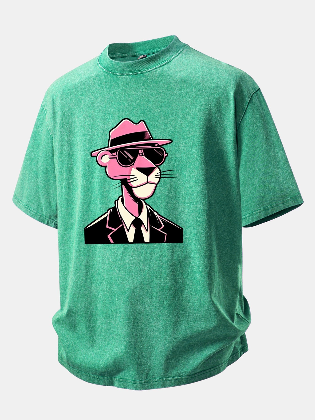 Pink Gentleman Panther Print Washed Distressed Drop Shoulder T-Shirt