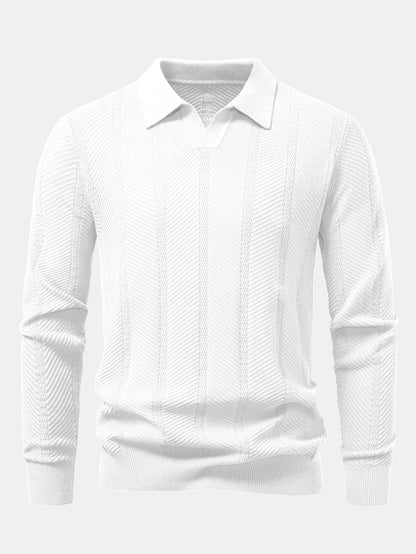 Long Sleeve Stripe V Neck Knit Polo Shirt