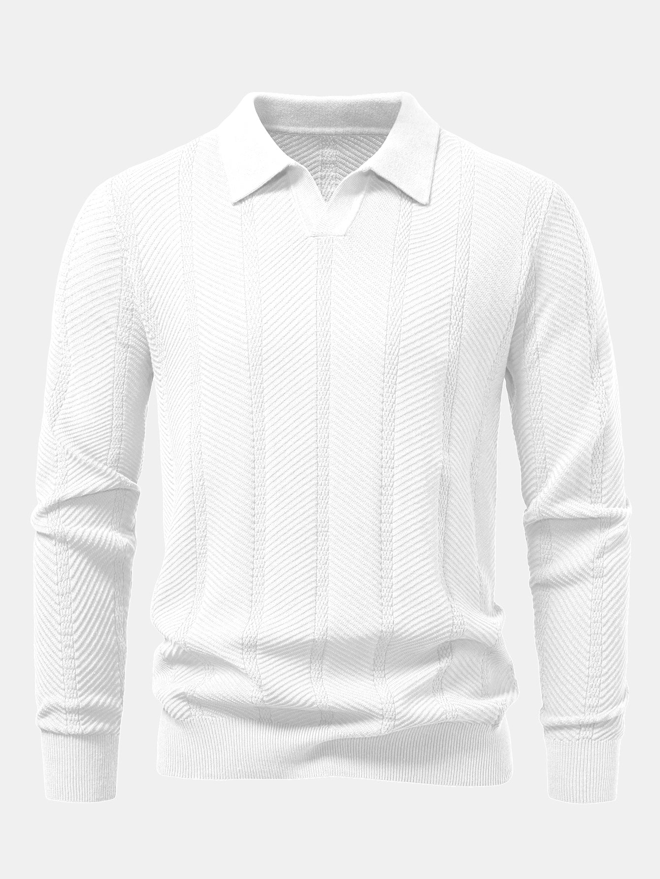 قميص بولو طويل الأكمام بنمط مخطط على شكل V