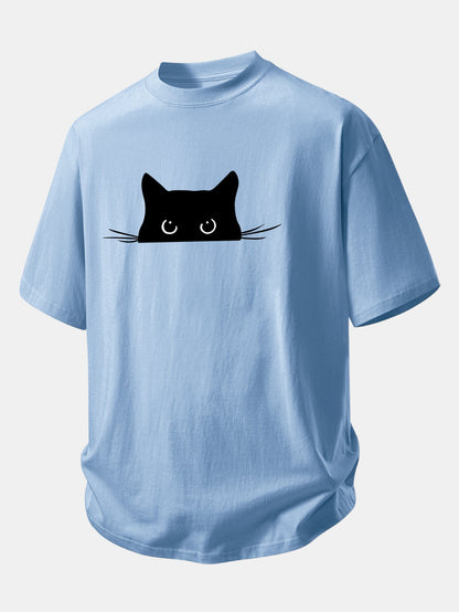 Relax Fit Black Cat Print Cotton T-Shirt