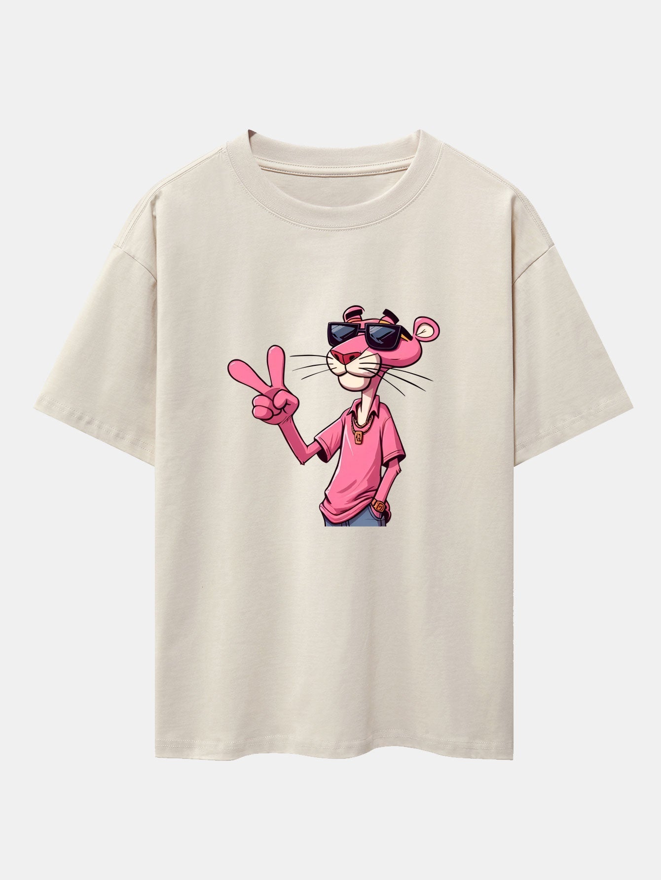 Pink Panther With V Sign Print Drop Shoulder Oversize T-Shirt