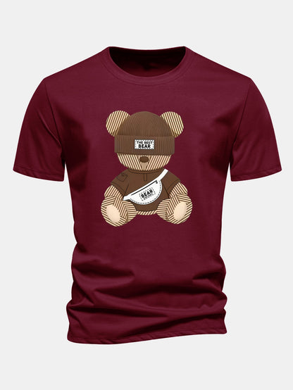 Regular Fit Stripe Bear Print Cotton T-Shirt