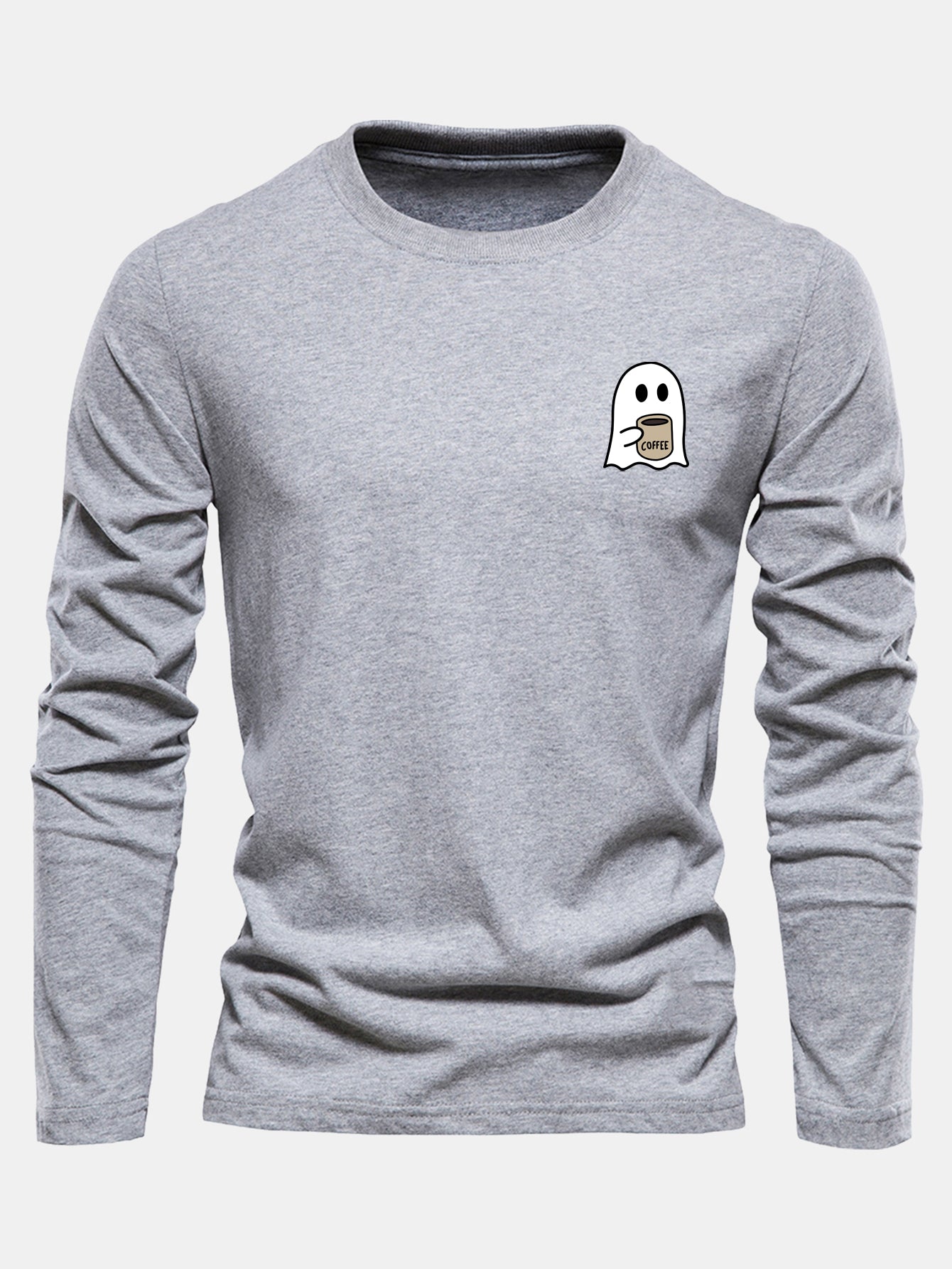 Long Sleeve Ghost Drinking Coffee Print Cotton T-Shirt