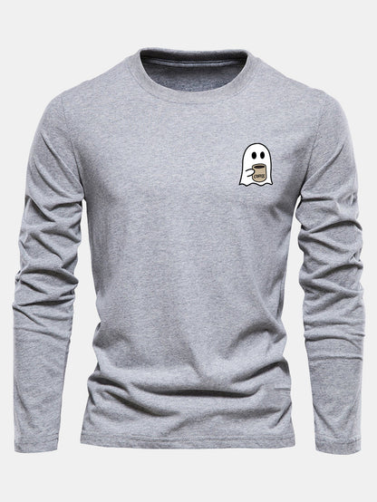 Long Sleeve Ghost Drinking Coffee Print Cotton T-Shirt