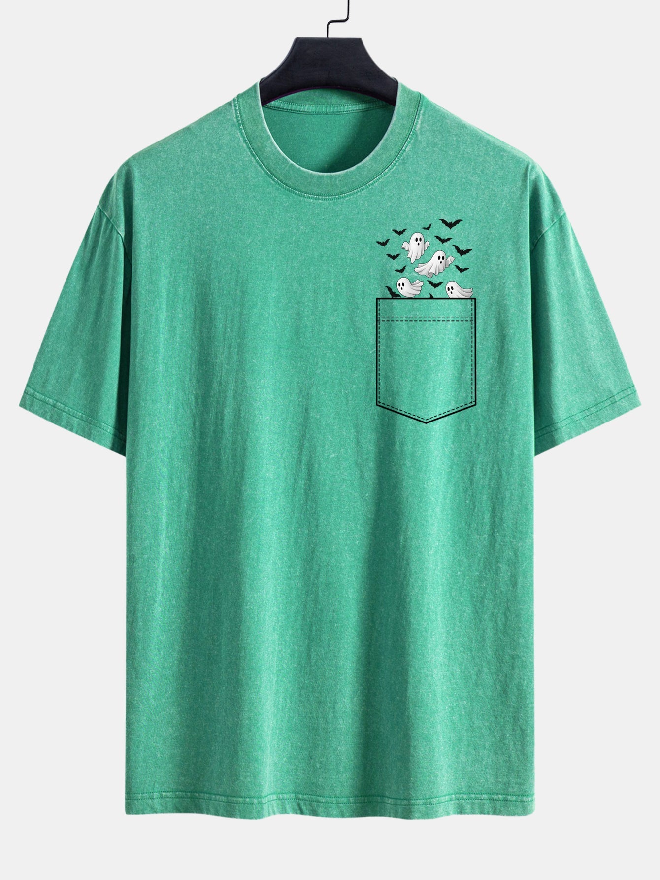 Pocket Bat Ghost Print Washed Distressed Drop Shoulder T-Shirt