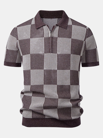Checkerboard Crocheted Zipper Knit Polo