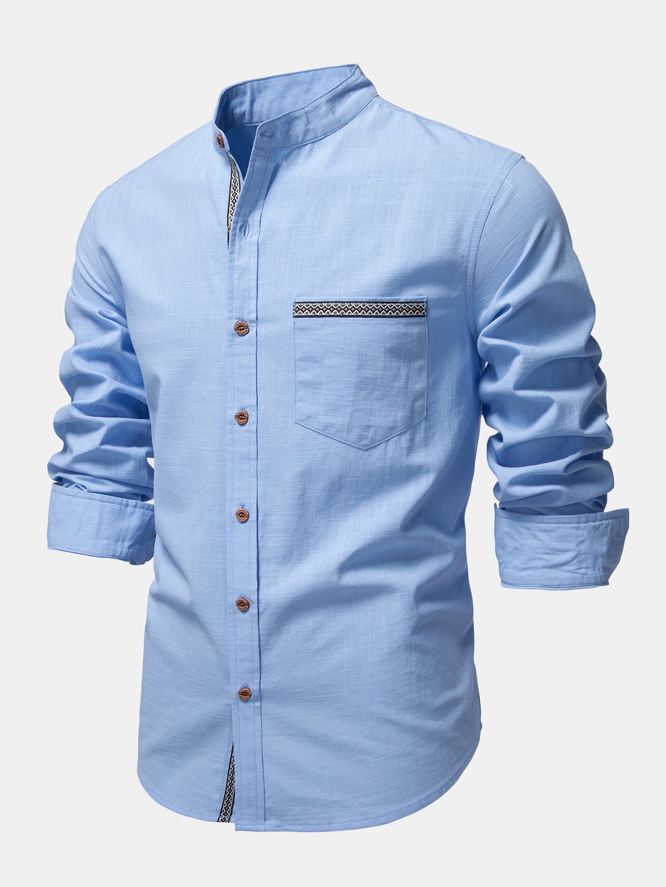 Contrast Trim Linen Look Stand Collar Shirt
