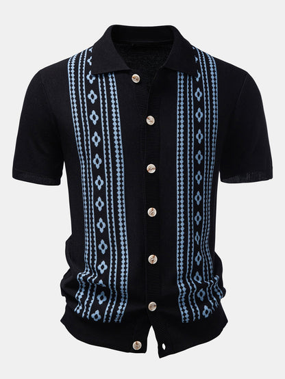 Geometric Floral Jacquard Button Up Knit Shirt