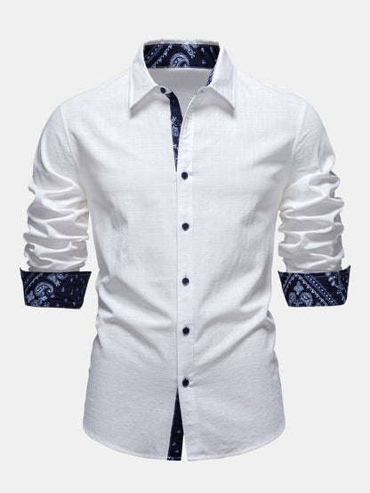 Contrast Paisley Print Linen Look Shirt