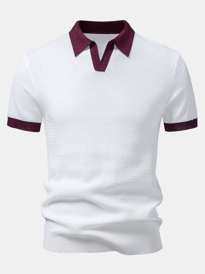 Textured Contrast Johnny Collar Knit Polo