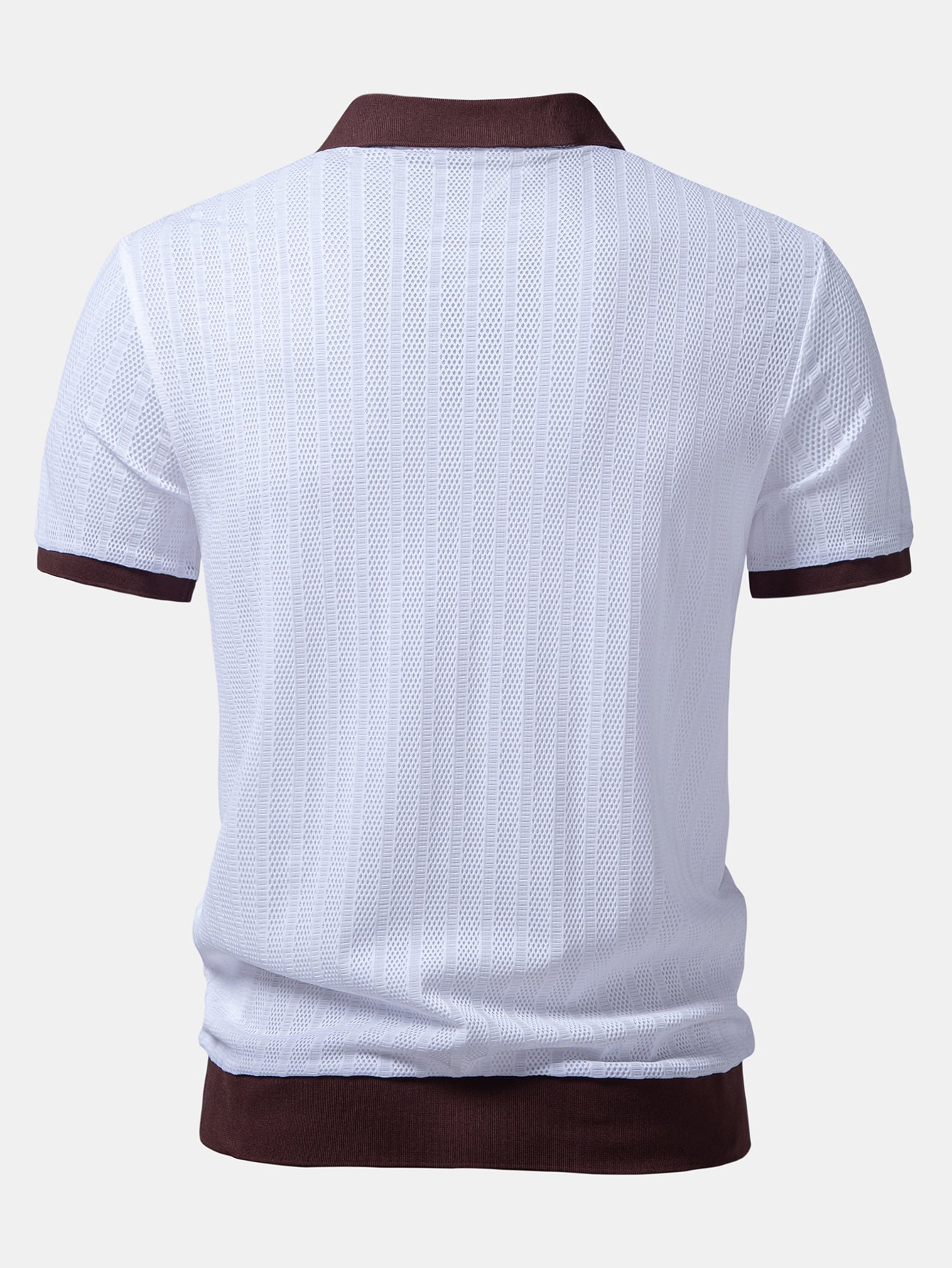 Striped Textured Johnny Collar Open Knit Polo