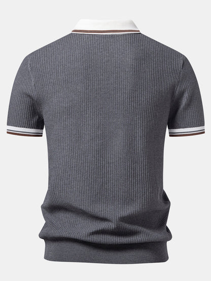 Contrast Trim Waffle Johnny Collar Knit Polo