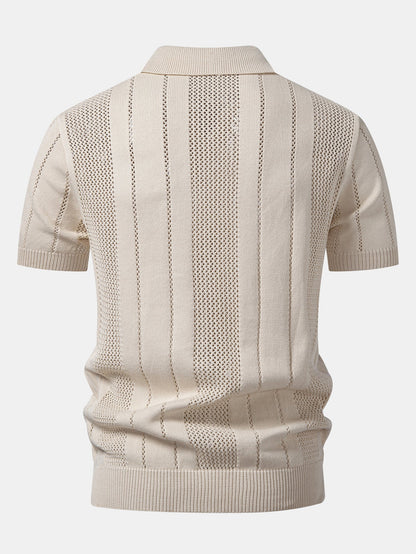 Johnny Collar Striped Open Knit Polo