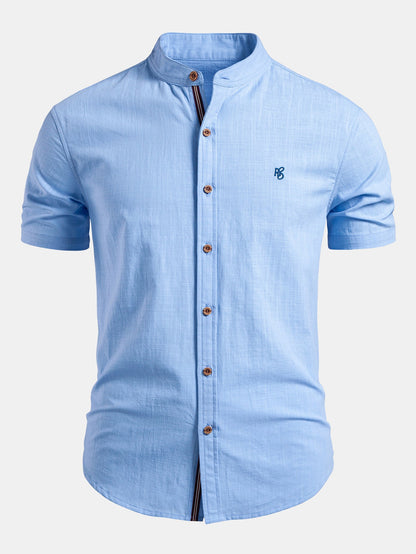 Short Sleeve Linen Look Stand Collar Shirt