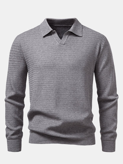 Long Sleeve Wave Jacquard V Neck Knit Polo Shirt