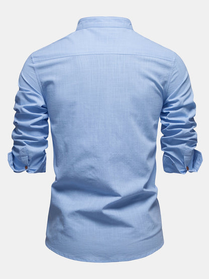 Contrast Trim Linen Look Stand Collar Shirt