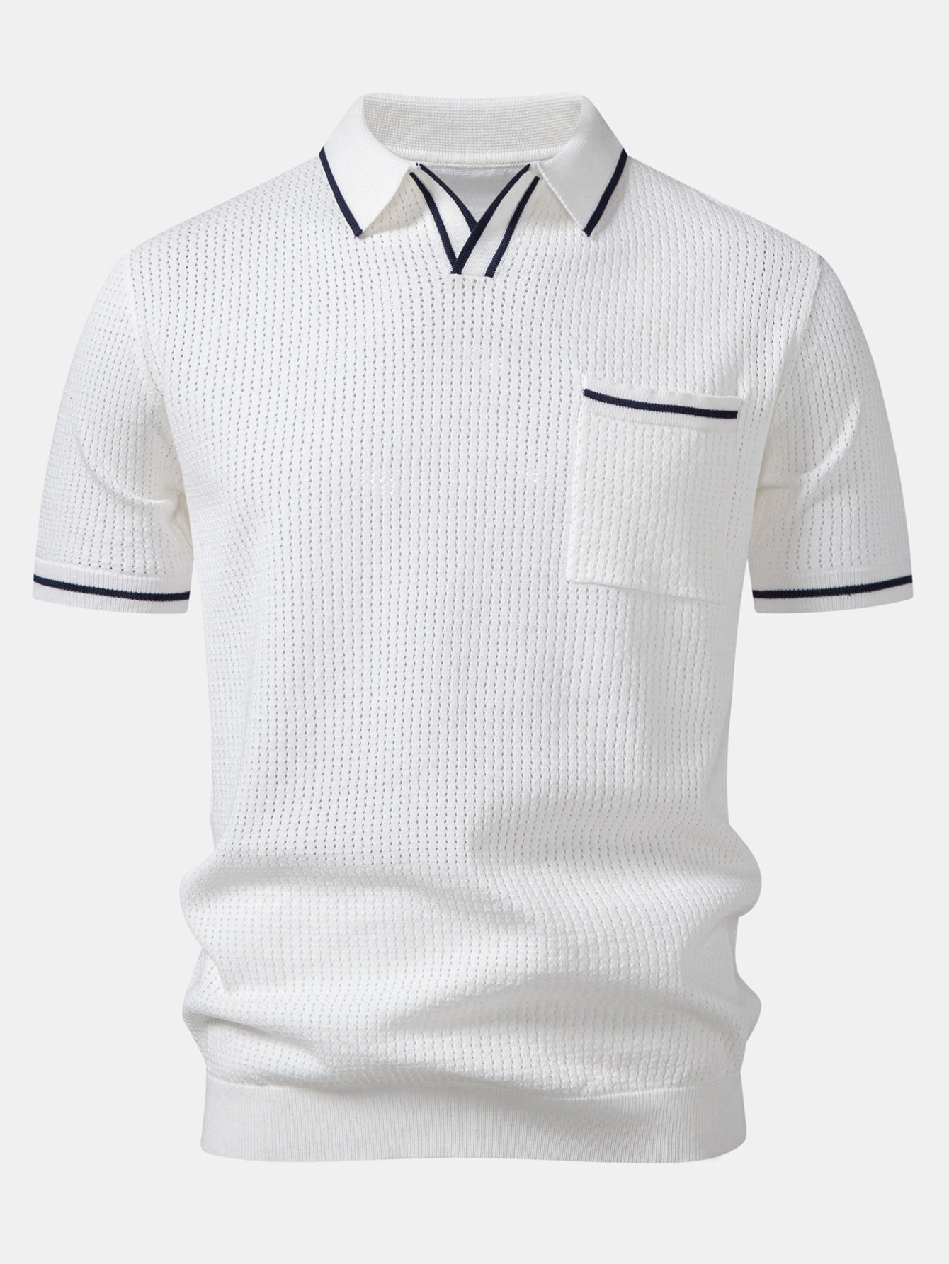 Contrast Stripe Trim Pocket Johnny Collar Knit Polo