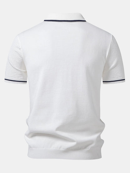 Contrast Stripe Trim Pocket Johnny Collar Knit Polo