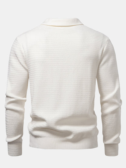 Long Sleeve Wave Jacquard V Neck Knit Polo Shirt