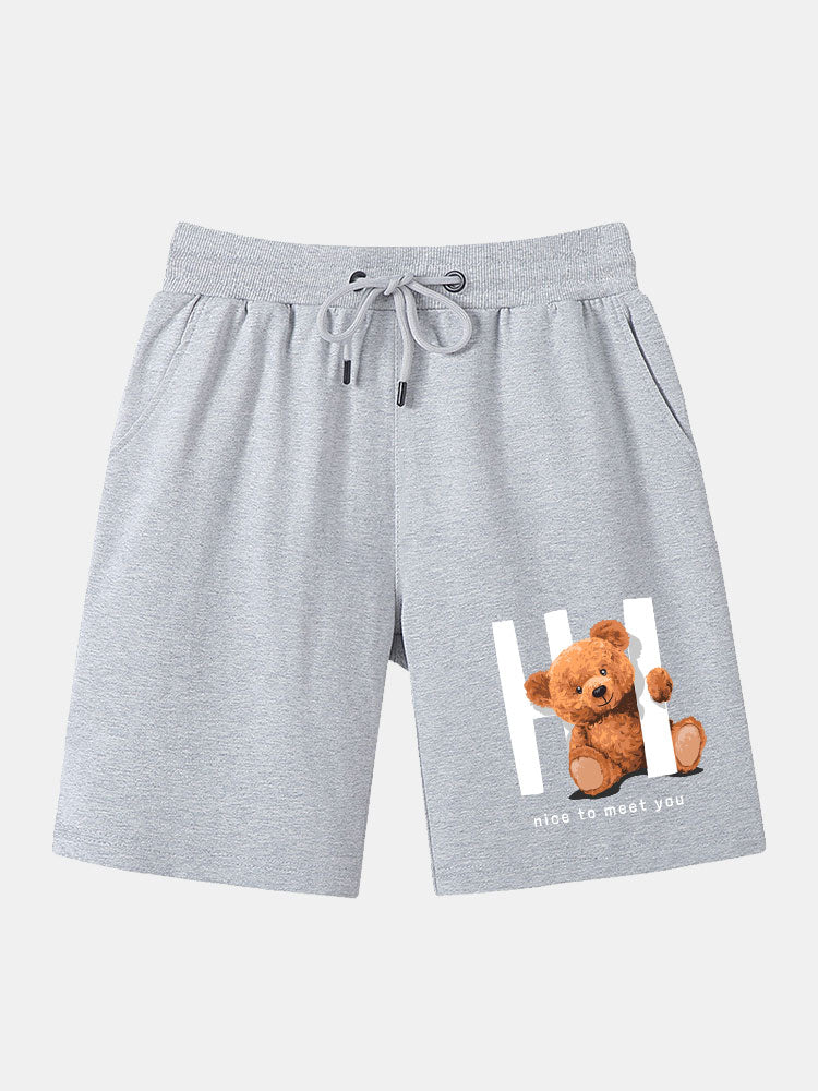 Slogan Bear Print Mid Length Shorts