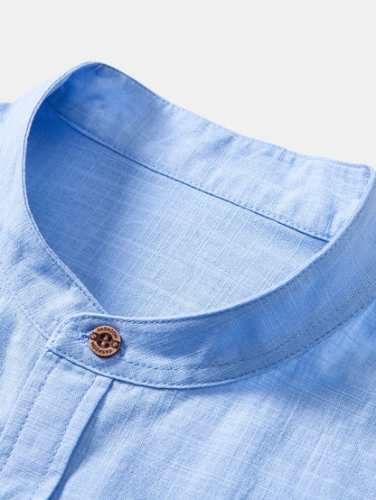 Short Sleeve Linen Look Stand Collar Shirt
