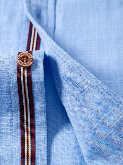 Short Sleeve Linen Look Stand Collar Shirt