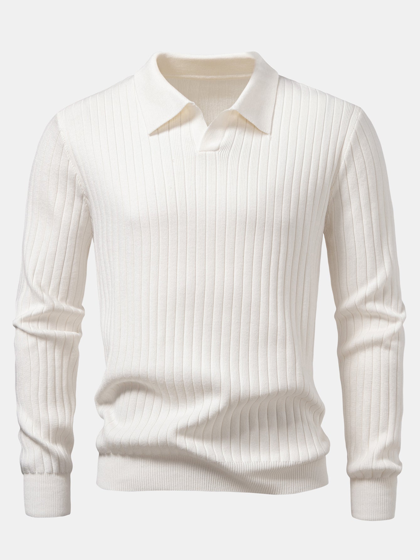 Long Sleeve Ribbed Knit Johnny Collar Polo Shirt