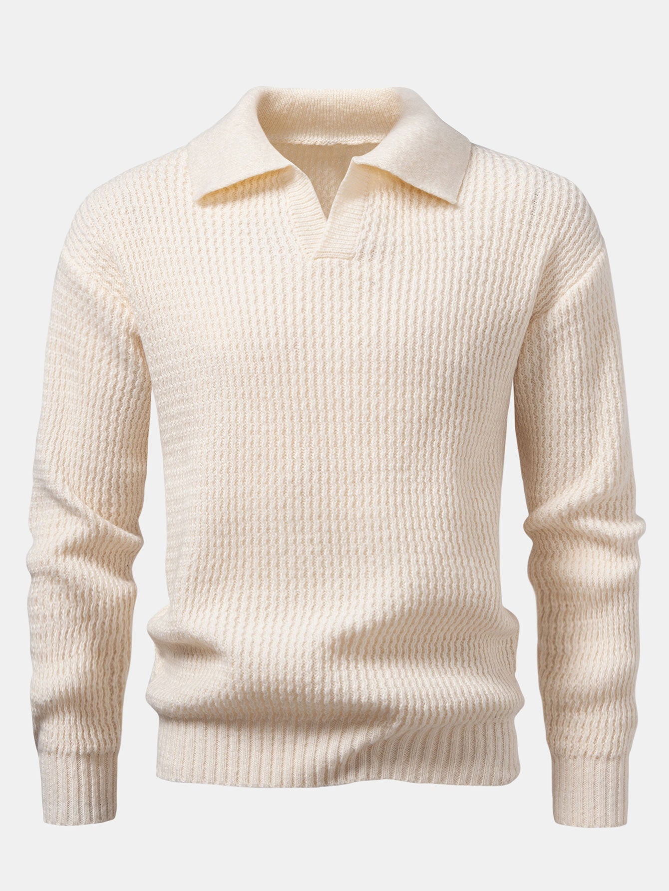 Long Sleeve Wave Jacquard Knit V Neck Polo Shirt