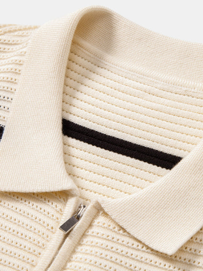 Striped Textured Zip Knit Polo Shirt