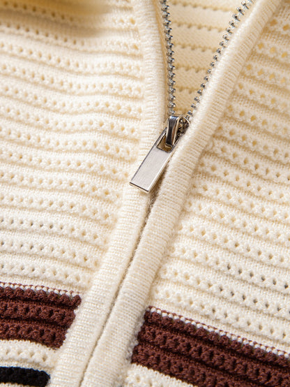 Striped Textured Zip Knit Polo Shirt