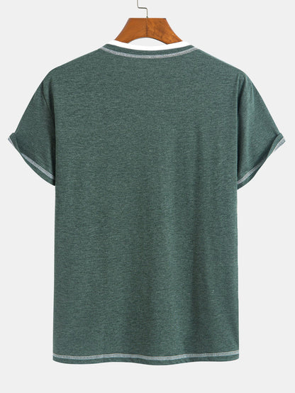 2-in-1 Notched Collar Contrast Stitching T-Shirt