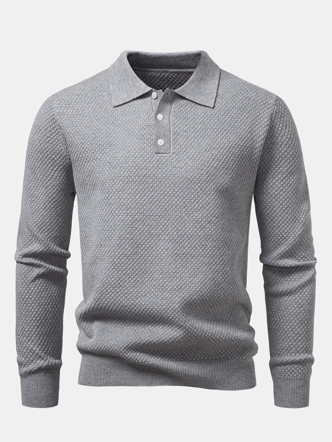Long Sleeve Pineapple Textured Knit Polo Shirt