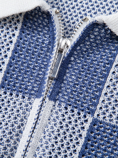 Checkerboard Crocheted Zipper Knit Polo