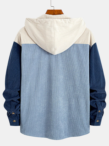 Relax Fit Corduroy Patchwork Hooded Shirt With Pockets