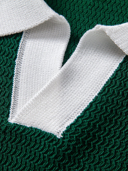 Textured Contrast Johnny Collar Knit Polo