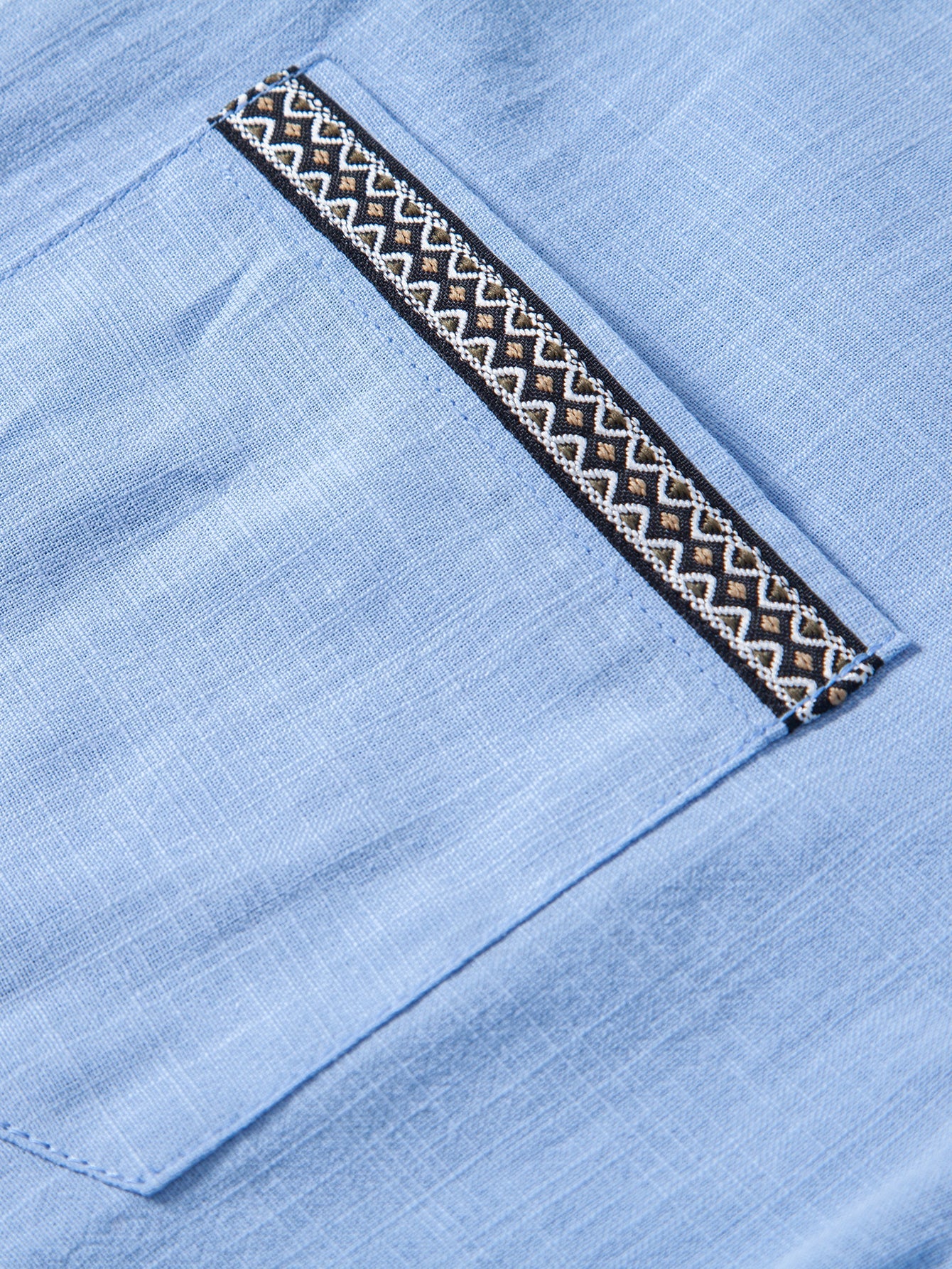 Contrast Trim Linen Look Stand Collar Shirt