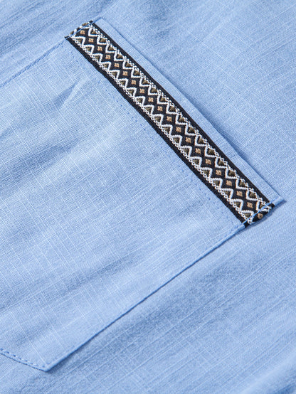 Contrast Trim Linen Look Stand Collar Shirt