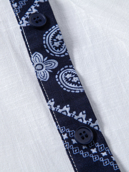 Contrast Paisley Print Linen Look Shirt
