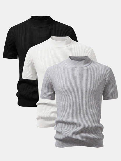 3 Pieces Ribbed Mock Neck Knit T-Shirt