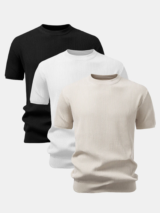 3 Pieces Ribbed Crew Neck Knit T-Shirt