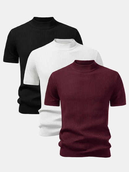 3 Pieces Ribbed Mock Neck Knit T-Shirt